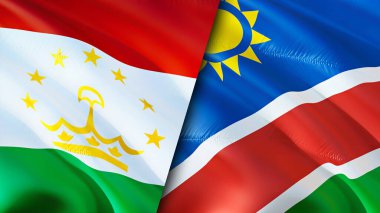 Tacikistan ve Namibya bayrakları. 3 boyutlu dalgalanan bayrak tasarımı. Tacikistan Namibya bayrağı, resim, duvar kağıdı. Tacikistan, Namibya 'ya karşı, 3 boyutlu görüntü. Tacikistan Namibya ilişkileri