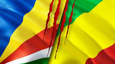 Yara izi olan Seyşeller ve Kongo bayrakları. Dalgalanan bayrak, 3 boyutlu görüntüleme. Seyşeller ve Kongo çatışma konsepti. Seyşeller Kongo ilişkileri kavramı. Seyşel bayrağı ve Kongo krizi, savaş, attac
