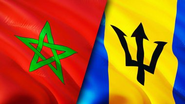 Fas ve Barbados bayrakları. 3 boyutlu dalgalanan bayrak tasarımı. Fas Barbados bayrağı, resim, duvar kağıdı. Fas, Barbados 'a karşı, görüntü 3 boyutlu. Fas Barbados ilişkileri ittifak ve ticaret, seyahat, turnuva