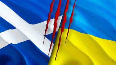 İskoçya ve Ukrayna bayraklarında yara izi var. Dalgalanan bayrak, 3 boyutlu görüntüleme. İskoçya ve Ukrayna çatışma konsepti. İskoçya Ukrayna ilişkileri kavramı. İskoçya ve Ukrayna bayrağı krizi, savaş, attac