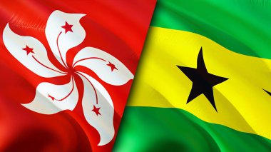 Hong Kong ve Sao Tome ve Principe bayrakları. 3 boyutlu dalgalanan bayrak tasarımı. Hong Kong Sao Tome ve Principe bayrağı, resim, duvar kağıdı. Hong Kong, Sao Tome ve Principe 'e karşı 3 boyutlu görüntü. Hong Kong Sao Tom