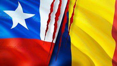 Şili ve Çad bayrakları yara izi konseptiyle. Dalgalanan bayrak, 3 boyutlu görüntüleme. Şili ve Çad çatışma konsepti. Şili Çad ilişkileri kavramı. Şili ve Çad bayrağı krizi, savaş, saldırı konsepti