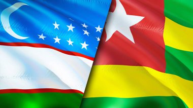 Özbekistan ve Togo bayrakları. 3 boyutlu dalgalanan bayrak tasarımı. Özbekistan Togo bayrağı, resim, duvar kağıdı. Özbekistan Togo imajına karşı, 3D görüntüleme. Özbekistan Togo ilişkileri ittifak ve ticaret, seyahat, turizm konsepti