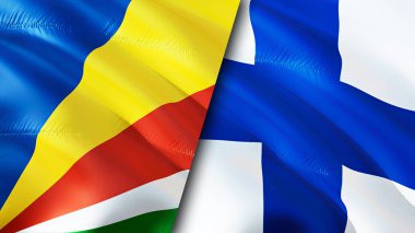 Seyşeller ve Finlandiya bayrakları. 3 boyutlu dalgalanan bayrak tasarımı. Seyşeller Finlandiya bayrağı, resim, duvar kağıdı. Seyşeller, Finlandiya 'ya karşı imaj, 3D canlandırma. Seyşeller Finlandiya ittifakı
