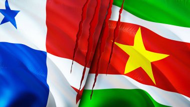 Yara izi olan Panama ve Surinam bayrakları. Dalgalanan bayrak, 3 boyutlu görüntüleme. Panama ve Surinam çatışma konsepti. Panama Surinam ilişkileri kavramı. Panama ve Surinam bayrağı krizi, savaş, saldırı konsepti