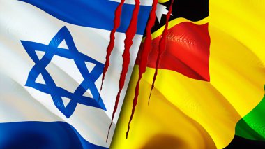 İsrail ve Nevis Adası bayrakları yara izi konseptiyle. Dalgalanan bayrak, 3 boyutlu görüntüleme. İsrail ve Nevis Adası çatışma konsepti. İsrail Nevis Adası ilişkileri kavramı. İsrail ve Nevis Adası bayrağı