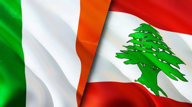 İrlanda ve Lübnan bayrakları. 3 boyutlu dalgalanan bayrak tasarımı. İrlanda Lübnan bayrağı, resim, duvar kağıdı. İrlanda, Lübnan 'a karşı 3 boyutlu görüntüleme. İrlanda Lübnan ilişkileri savaş ittifakı kavramı. Ticaret, turnuva.