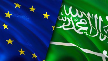 Avrupa Birliği ve Suudi Arabistan bayrakları. 3 boyutlu dalgalanan bayrak tasarımı. Avrupa Birliği Suudi Arabistan bayrağı, resim, duvar kağıdı. Avrupa Birliği Suudi Arabistan 'a karşı, görüntü 3D. Avrupa Birliği Suudi Arabistan