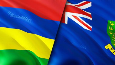 Mauritius ve British Virgin Adaları bayrakları. 3 boyutlu dalgalanan bayrak tasarımı. Mauritius Britanya Virjin Adaları bayrağı, resim, duvar kağıdı. Mauritius, British Virgin Adaları 'na karşı. Görüntü 3 boyutlu. Mauritiu