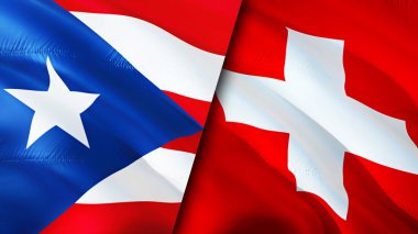 Porto Riko ve İsviçre bayrakları. 3 boyutlu dalgalanan bayrak tasarımı. Porto Riko İsviçre bayrağı, resim, duvar kağıdı. Porto Riko, İsviçre 'ye karşı, görüntü 3 boyutlu. Porto Riko İsviçre ilişkileri ittifak