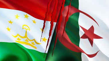 Tacikistan ve Cezayir bayraklarında yara izi var. Dalgalanan bayrak, 3 boyutlu görüntüleme. Tacikistan ve Cezayir çatışma konsepti. Tacikistan Cezayir ilişkileri kavramı. Tacikistan bayrağı ve Cezayir krizi, savaş