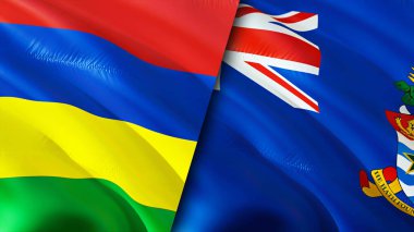 Mauritius ve Cayman Adaları bayrakları. 3 boyutlu dalgalanan bayrak tasarımı. Mauritius Cayman Adaları bayrağı, resim, duvar kağıdı. Mauritius, Cayman Adaları 'na karşı. Görüntü 3 boyutlu. Mauritius Cayman Adaları ilişkisi