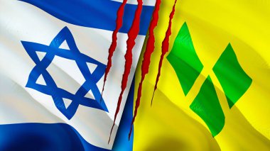 İsrail, Saint Vincent ve yara izi olan Grenadine bayrakları. Dalgalanan bayrak, 3 boyutlu görüntüleme. İsrail ve Saint Vincent ve Grenadine çatışma konsepti. İsrail Saint Vincent ve Grenadine