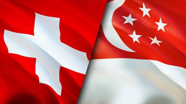 İsviçre ve Singapur bayrakları. 3 boyutlu dalgalanan bayrak tasarımı. İsviçre Singapur bayrağı, resim, duvar kağıdı. İsviçre, Singapur 'a karşı, görüntü 3 boyutlu. İsviçre Singapur ilişkileri ittifakı
