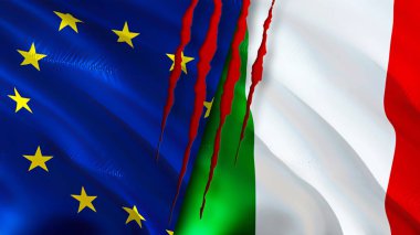 Yara izi olan Avrupa Birliği ve İtalya bayrakları. Dalgalanan bayrak, 3 boyutlu görüntüleme. Avrupa Birliği ve İtalya çatışma konsepti. Avrupa Birliği İtalya ilişkileri kavramı. Avrupa Birliği ve İtal bayrağı