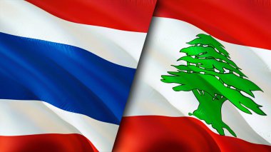 Tayland ve Lübnan bayrakları. 3 boyutlu dalgalanan bayrak tasarımı. Tayland Lübnan bayrağı, resim, duvar kağıdı. Tayland, Lübnan 'a karşı, görüntü 3 boyutlu. Tayland Lübnan ilişkileri ittifak ve ticaret, seyahat, turnuva