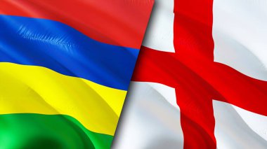 Mauritius ve İngiltere bayrakları. 3 boyutlu dalgalanan bayrak tasarımı. Mauritius İngiltere bayrağı, resim, duvar kağıdı. Mauritius, İngiltere 'nin 3 boyutlu görüntüsüne karşı. Mauritius İngiltere ilişkileri ittifak ve ticaret, seyahat, turnuva