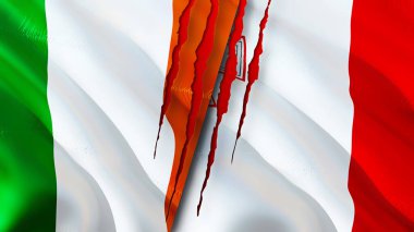 İrlanda ve Malta bayraklarında yara izi var. 3D bayrak sallama. İrlanda ve Malta çatışma konsepti. İrlanda Malta ilişkileri kavramı. İrlanda bayrağı ve Malta krizi, savaş, saldırı konsepti