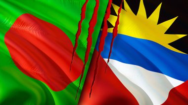 Bangladeş, Antigua ve yara izi olan Barbuda bayrakları. Dalgalanan bayrak, 3 boyutlu görüntüleme. Bangladeş, Antigua ve Barbuda çatışma konsepti. Bangladeş Antigua ve Barbuda ilişkileri kavramı. bayrak o
