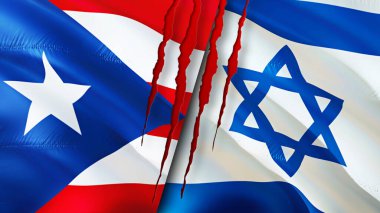 Porto Riko ve İsrail bayraklarında yara izi var. Dalgalanan bayrak, 3 boyutlu görüntüleme. Porto Riko ve İsrail çatışma konsepti. Porto Riko İsrail ilişkileri kavramı. Porto Riko ve İsrail bayrağı krizi, savaş