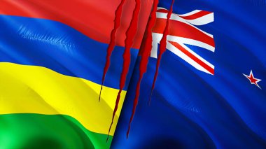 Mauritius ve Yeni Zelanda yara izi olan bayraklar. Dalgalanan bayrak, 3 boyutlu görüntüleme. Mauritius ve Yeni Zelanda çatışma konsepti. Mauritius Yeni Zelanda ilişkileri kavramı. Mauritius ve Yeni Zelanda bayrağı
