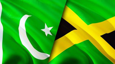 Pakistan ve Jamaika bayrakları. 3 boyutlu dalgalanan bayrak tasarımı. Pakistan Jamaika bayrağı, resim, duvar kağıdı. Pakistan, Jamaika 'ya karşı, görüntü 3 boyutlu. Pakistan Jamaika ilişkileri ittifak ve ticaret, seyahat, turnuva