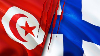 Tunus ve Finlandiya yara izi olan bayraklar. Dalgalanan bayrak, 3 boyutlu görüntüleme. Tunus ve Finlandiya çatışma konsepti. Tunus-Finlandiya ilişkileri kavramı. Tunus ve Finlandiya bayrağı krizi, savaş, saldırı konsepti