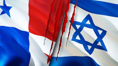 Panama ve İsrail bayrakları yara izi konseptiyle. Dalgalanan bayrak, 3 boyutlu görüntüleme. Panama ve İsrail çatışma konsepti. Panama İsrail ilişkileri kavramı. Panama ve İsrail bayrağı krizi, savaş, saldırı konsepti