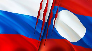 Rusya ve Laos yara izi kavramına sahip bayraklar. Dalgalanan bayrak, 3 boyutlu görüntüleme. Rusya ve Laos çatışma konsepti. Rusya Laos ilişkileri kavramı. Rusya bayrağı ve Laos krizi, savaş, saldırı konsepti