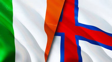 İrlanda ve Faroe Adaları bayrakları. 3 boyutlu dalgalanan bayrak tasarımı. İrlanda Faroe Adaları bayrağı, resim, duvar kağıdı. İrlanda, Faroe Adaları 'na karşı. Görüntü 3D. İrlanda Faroe Adaları savaş ittifakı ilişkileri
