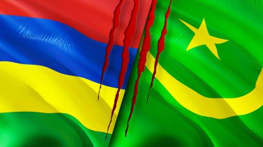 Mauritius ve Moritanya yara izi olan bayraklar. Dalgalanan bayrak, 3 boyutlu görüntüleme. Mauritius ve Moritanya çatışma konsepti. Mauritius Moritanya ilişkileri konsepti. Mauritius ve Mauritani bayrağı