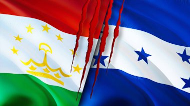 Tacikistan ve Honduras bayraklarında yara izi var. Dalgalanan bayrak, 3 boyutlu görüntüleme. Tacikistan ve Honduras çatışma konsepti. Tacikistan Honduras ilişkileri kavramı. Tacikistan ve Hondura bayrağı
