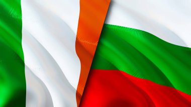 İrlanda ve Bulgaristan bayrakları. 3 boyutlu dalgalanan bayrak tasarımı. İrlanda Bulgaristan bayrağı, resim, duvar kağıdı. İrlanda, Bulgaristan 'a karşı imaj, 3D görüntüleme. İrlanda Bulgaristan savaş ittifakı kavramı. Ticaret, turnuva