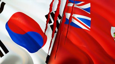 Güney Kore ve Bermuda bayraklarında yara izi var. Dalgalanan bayrak, 3 boyutlu görüntüleme. Güney Kore ve Bermuda çatışma konsepti. Güney Kore Bermuda ilişkileri kavramı. Güney Kore ve Bermud bayrağı