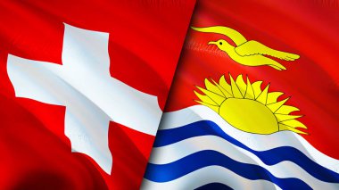 İsviçre ve Kiribati bayrakları. 3 boyutlu dalgalanan bayrak tasarımı. İsviçre Kiribati bayrağı, resim, duvar kağıdı. İsviçre, Kiribati 'ye karşı, görüntü 3 boyutlu. İsviçre Kiribati ilişkileri ittifakı