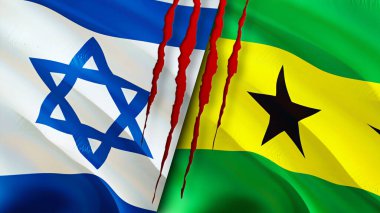 İsrail ve Sao Tome ve Principe bayrakları yara izi konseptiyle. Dalgalanan bayrak, 3 boyutlu görüntüleme. İsrail ve Sao Tome ve Principe çatışma konsepti. İsrail Sao Tome ve Principe ilişkileri kavramı. İsrail bayrağı