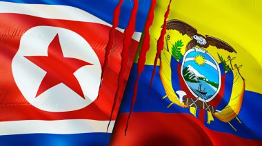 Kuzey Kore ve Ekvador bayraklarında yara izi var. Dalgalanan bayrak, 3 boyutlu görüntüleme. Kuzey Kore ve Ekvador çatışması kavramı. Kuzey Kore Ekvador ilişkileri kavramı. Kuzey Kore ve Ekvadonun bayrağı