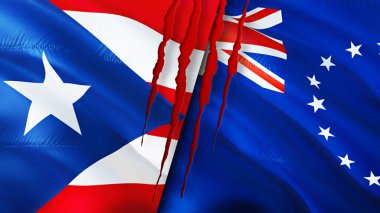 Porto Riko ve Cook Adaları yara izi olan bayraklar. Dalgalanan bayrak, 3 boyutlu görüntüleme. Porto Riko ve Cook Adaları çatışma konsepti. Porto Riko Cook Adaları ilişkileri kavramı. Porto Riko bayrağı ve