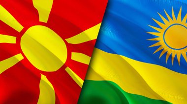 Kuzey Makedonya ve Ruanda bayrakları. 3 boyutlu dalgalanan bayrak tasarımı. Kuzey Makedonya Ruanda bayrağı, resim, duvar kağıdı. Kuzey Makedonya, Ruanda 'ya karşı, görüntü 3D. Kuzey Makedonya Rwanda ilişkileri ittifakı