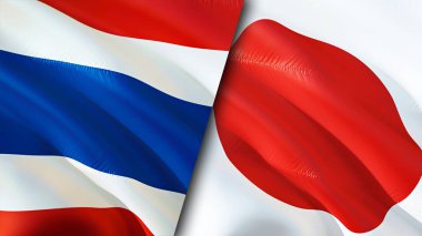 Tayland ve Japonya bayrakları. 3 boyutlu dalgalanan bayrak tasarımı. Tayland ve Japonya bayrağı, resim, duvar kağıdı. Tayland, Japonya 'ya karşı, görüntü 3 boyutlu. Tayland Japonya ilişkileri ittifak ve ticaret, seyahat, turizm konsepti