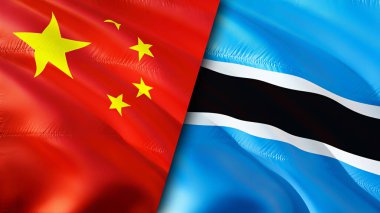 Çin ve Botswana bayrakları. 3 boyutlu dalgalanan bayrak tasarımı. Çin Botsvana bayrağı, resim, duvar kağıdı. Çin, Botswana 'ya karşı, görüntü 3 boyutlu. Çin Botsvana ilişkileri ittifak ve ticaret, seyahat, turizm konsepti