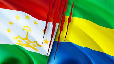 Tacikistan ve Gabon bayraklarında yara izi var. Dalgalanan bayrak, 3 boyutlu görüntüleme. Tacikistan ve Gabon çatışma konsepti. Tacikistan Gabon ilişkileri kavramı. Tacikistan bayrağı ve Gabon krizi, savaş, attac
