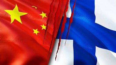 Yara izi olan Çin ve Finlandiya bayrakları. Dalgalanan bayrak, 3 boyutlu görüntüleme. Çin ve Finlandiya çatışma konsepti. Çin-Finlandiya ilişkileri. Çin ve Finlandiya bayrağı krizi, savaş, saldırı konsepti