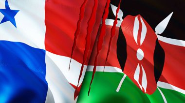 Panama ve Kenya yara izi olan bayraklar. Dalgalanan bayrak, 3 boyutlu görüntüleme. Panama ve Kenya çatışma konsepti. Panama Kenya ilişkileri kavramı. Panama ve Kenya bayrağı kriz, savaş, saldırı konsepti