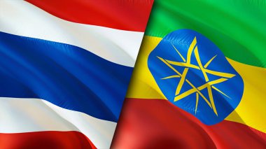 Tayland ve Etiyopya bayrakları. 3 boyutlu dalgalanan bayrak tasarımı. Tayland Etiyopya bayrağı, resim, duvar kağıdı. Tayland, Etiyopya 'ya karşı, görüntü 3 boyutlu. Tayland Etiyopya ilişkileri ittifak ve ticaret, seyahat, turnuva
