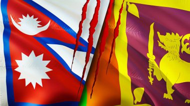 Nepal ve Sri Lanka bayraklarında yara izi var. Dalgalanan bayrak, 3 boyutlu görüntüleme. Nepal ve Sri Lanka çatışma konsepti. Nepal Sri Lanka ilişkileri kavramı. Nepal ve Sri Lanka krizi bayrağı, savaş, saldırı konsepti