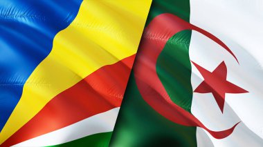 Seyşeller ve Cezayir bayrakları. 3 boyutlu dalgalanan bayrak tasarımı. Seyşeller Cezayir bayrağı, resim, duvar kağıdı. Seyşeller Cezayir 'e karşı, görüntü 3D. Seyşeller Cezayir ilişkileri ittifakı