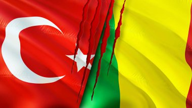 Hindi ve Mali bayraklarında yara izi var. Dalgalanan bayrak, 3 boyutlu görüntüleme. Türkiye ve Mali çatışma konsepti. Türkiye Mali ilişkileri kavramı. Türkiye bayrağı ve Mali krizi, savaş, saldırı konsepti