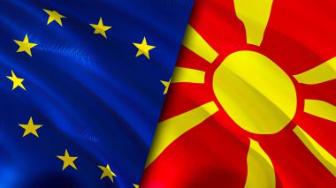 Avrupa Birliği ve Kuzey Makedonya bayrakları. 3 boyutlu dalgalanan bayrak tasarımı. Avrupa Birliği Kuzey Makedonya bayrağı, resmi, duvar kağıdı. Avrupa Birliği, Kuzey Makedonya 'ya karşı imaj, 3D görüntüleme. Avrupa Birliği Nort