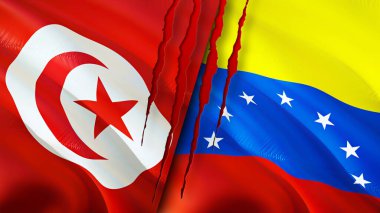 Yara izi olan Tunus ve Venezuela bayrakları. Dalgalanan bayrak, 3 boyutlu görüntüleme. Tunus ve Venezuela çatışma konsepti. Tunus Venezuela ilişkileri kavramı. Tunus ve Venezuela bayrağı krizi, savaş, attac